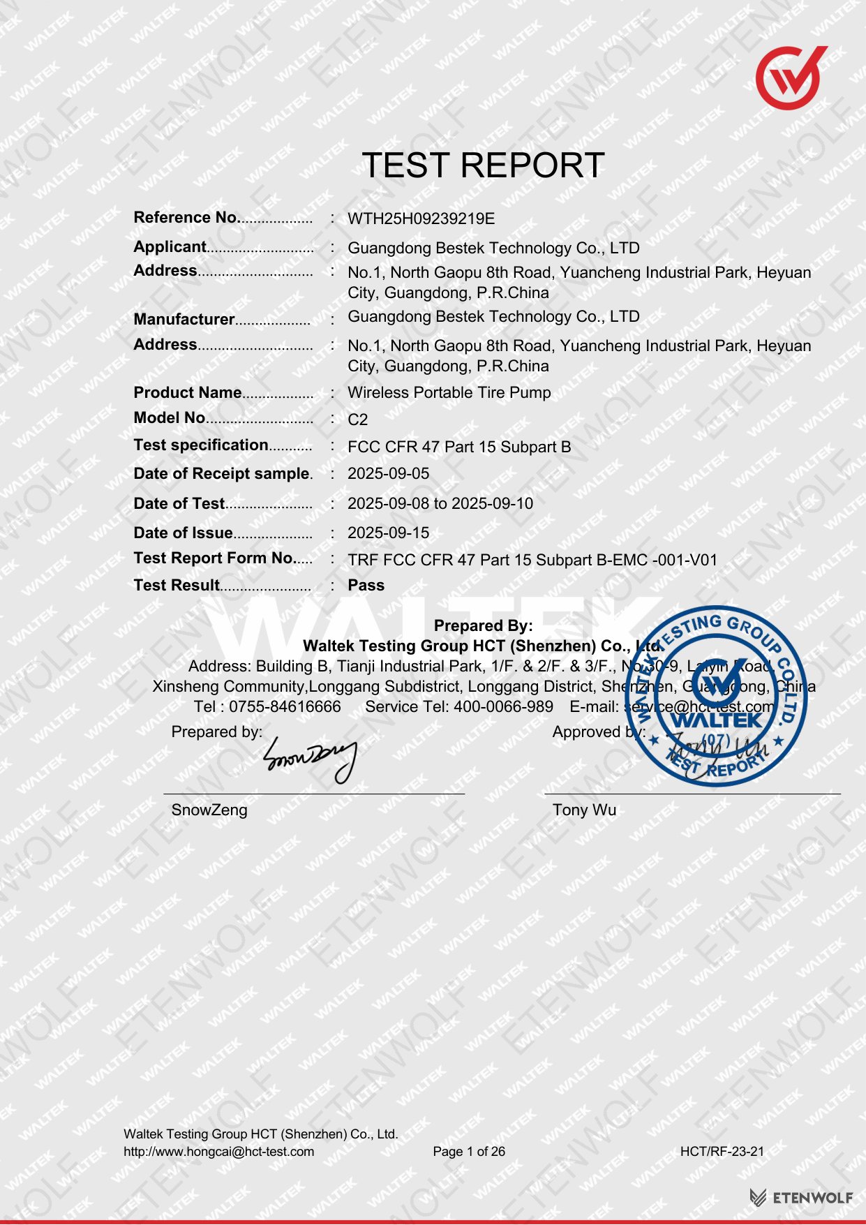 ETENWOLF C2 FCC-SDoC Test Report WTH25H09239219E — Page 1