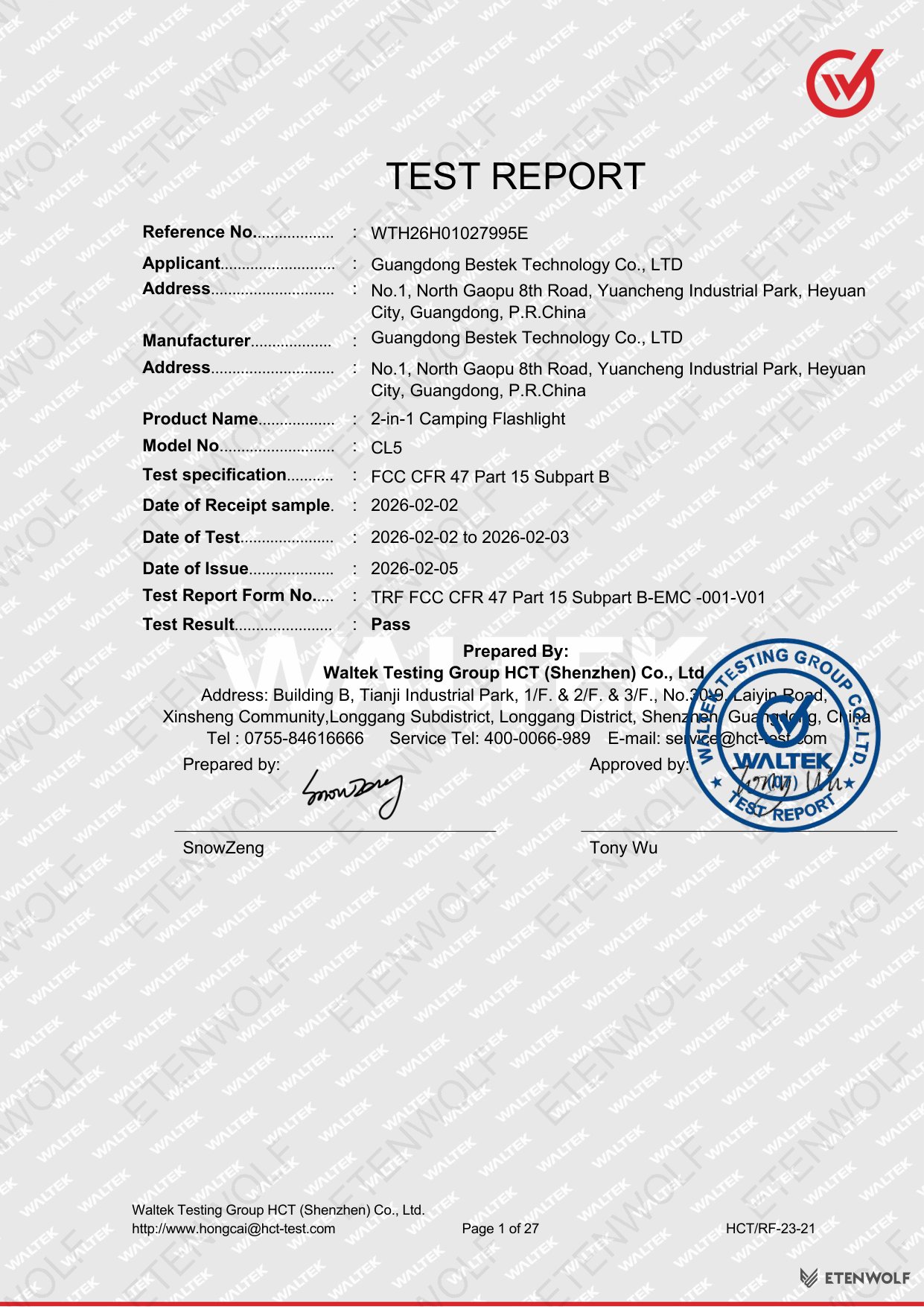 ETENWOLF CL5 FCC-SDoC Test Report WTH26H01027995E — Page 1