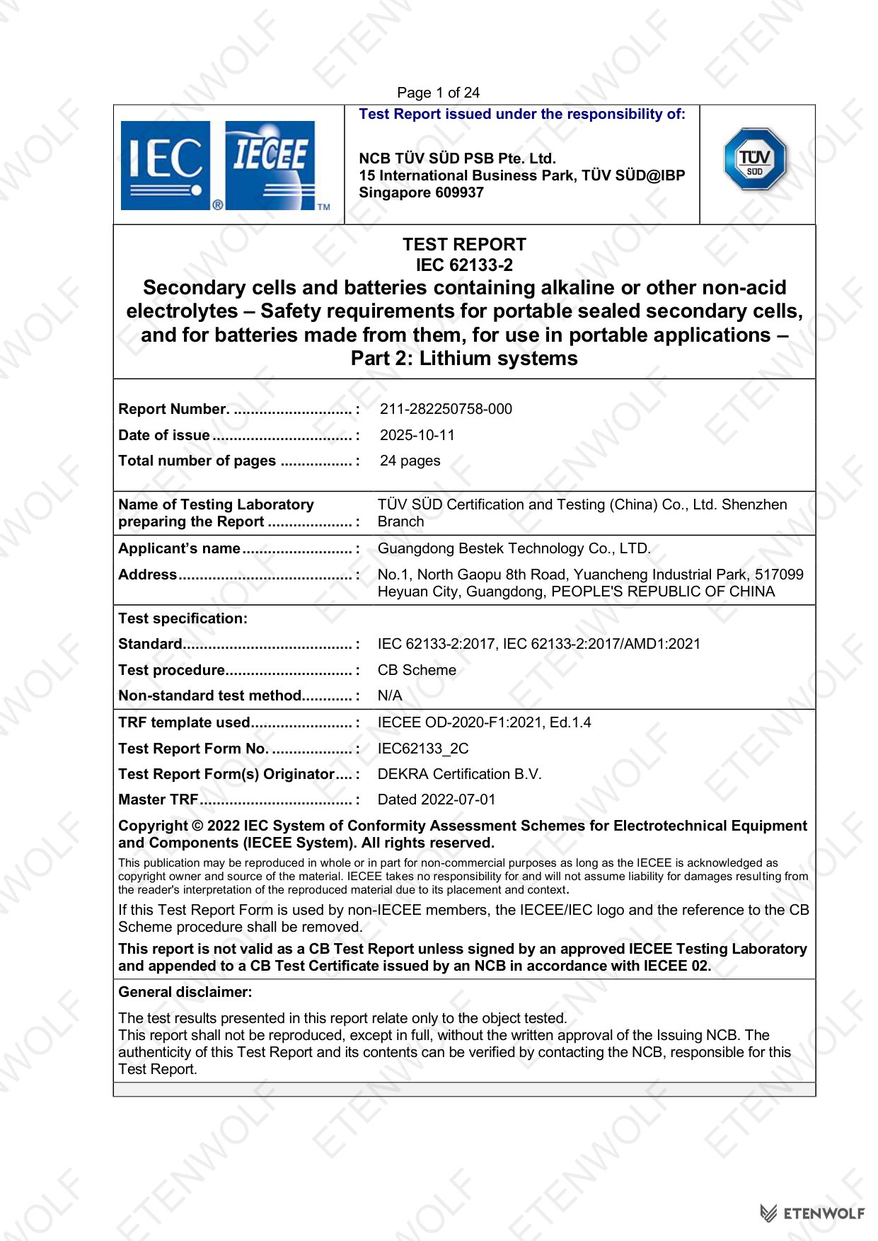 ETENWOLF P200 IEC 62133-2 CB Test Report 211-282250758-000 — Page 1