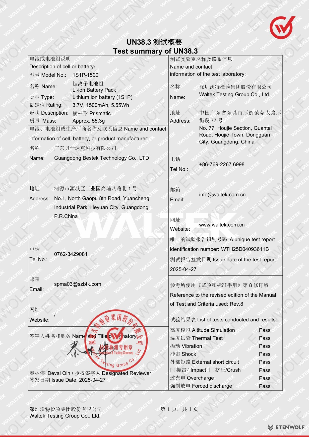 ETENWOLF P100 UN38.3 Test Summary WTH25D04093611B — Page 1