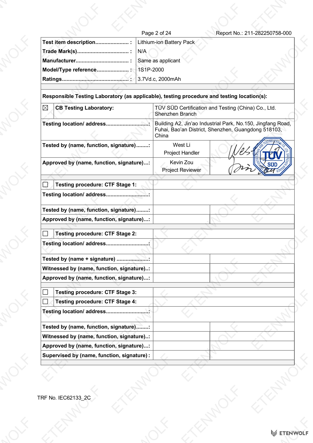 ETENWOLF P200 IEC 62133-2 CB Test Report 211-282250758-000 — Page 2