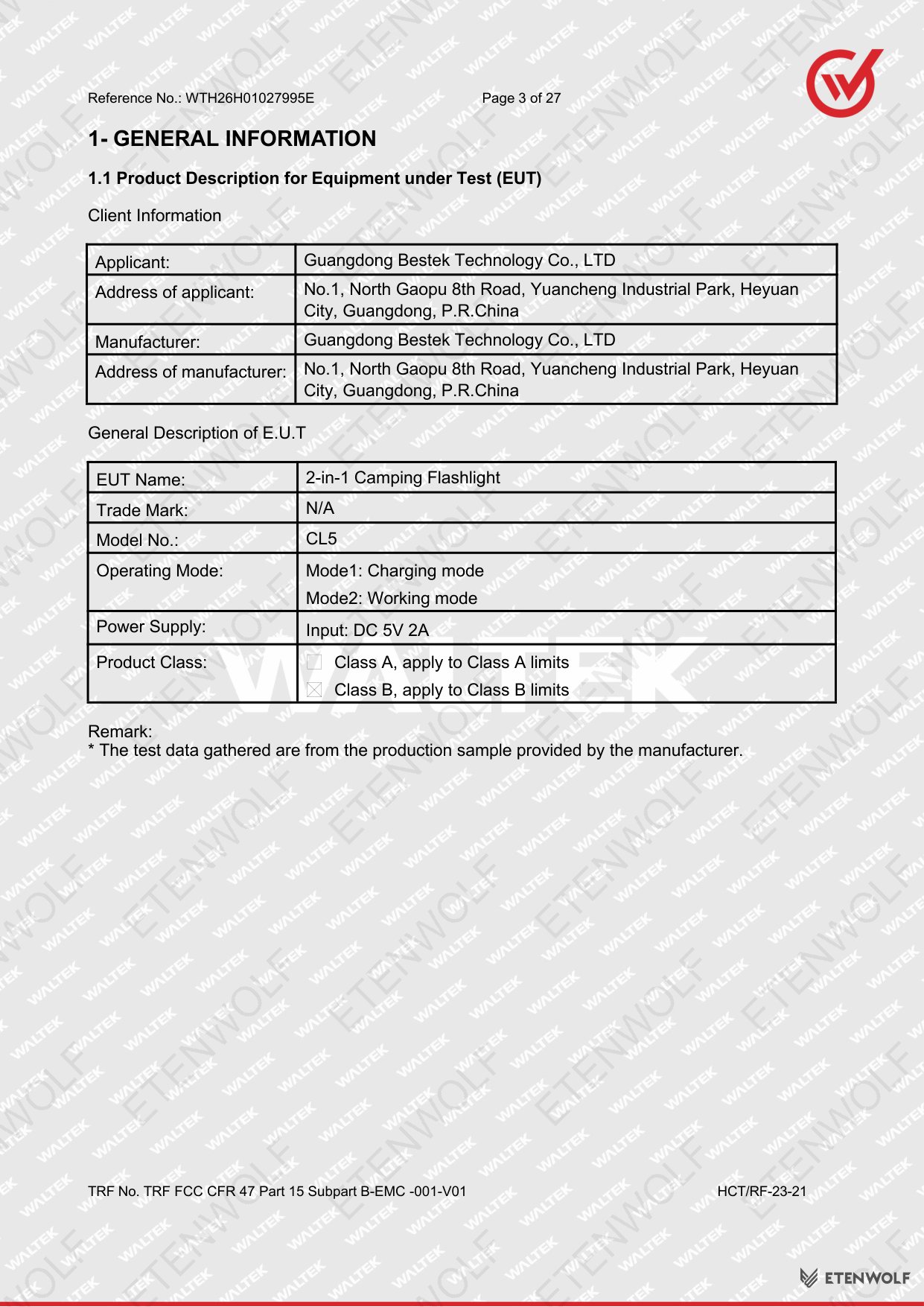 ETENWOLF CL5 FCC-SDoC Test Report WTH26H01027995E — Page 3