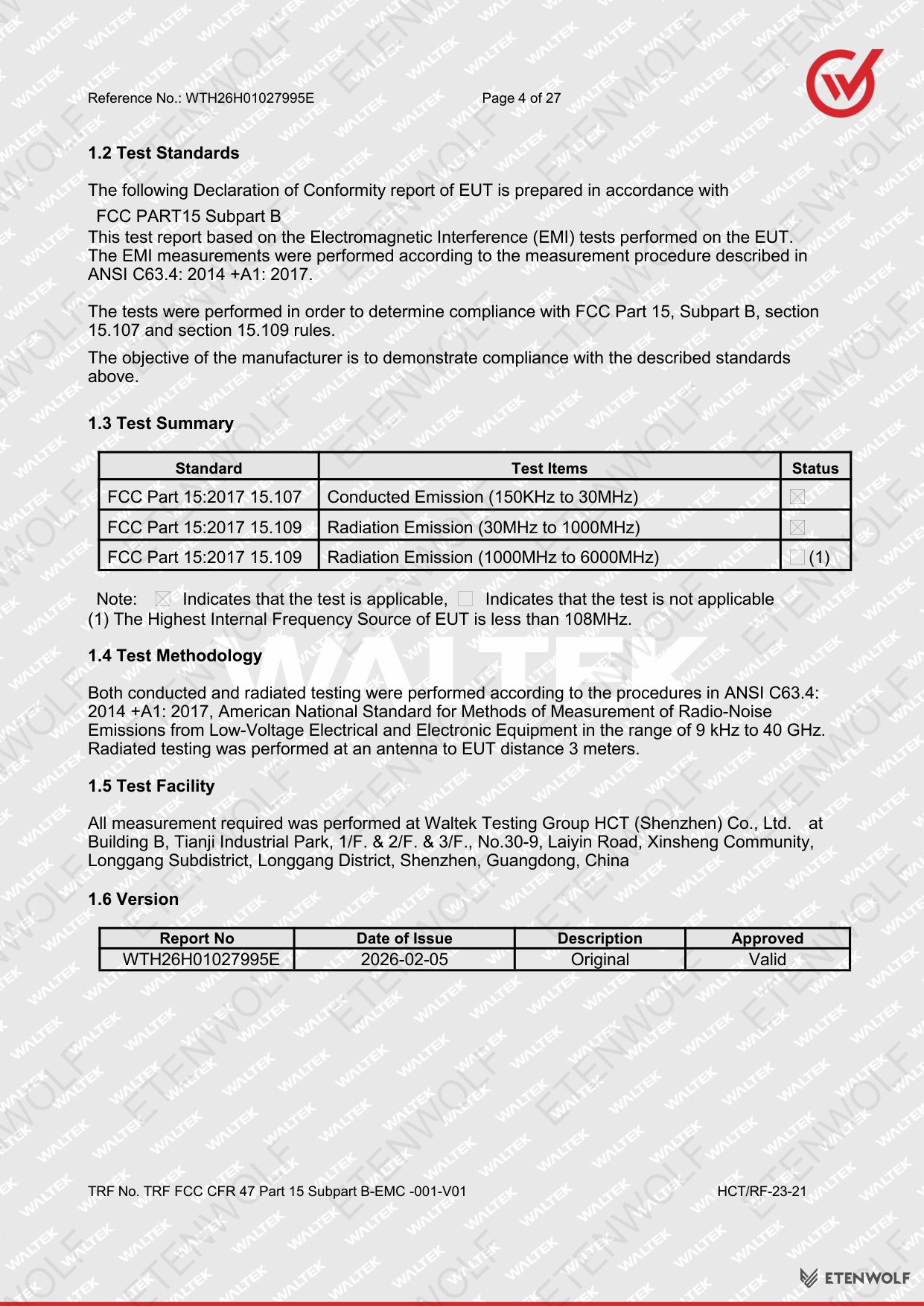 ETENWOLF CL5 FCC-SDoC Test Report WTH26H01027995E — Page 4